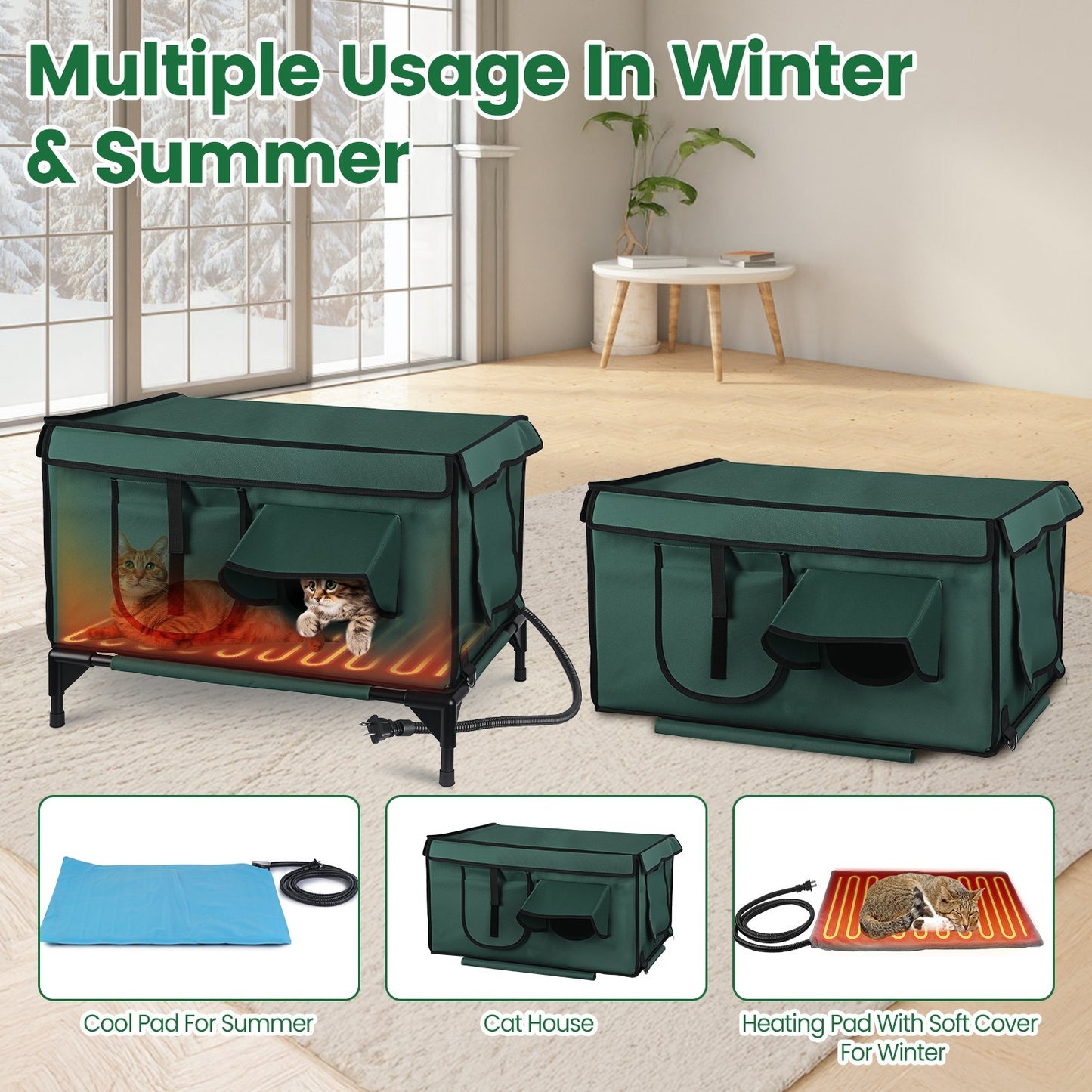 1Pc Waterproof Heated Cat House Outdoor Weatherproof Insulated Kitty Shelter Feral Cat Heating Bed With Heating Pad Anti-Chew Cord 2 Doors 3 Windows For Indoors Outdoors Winter Summer