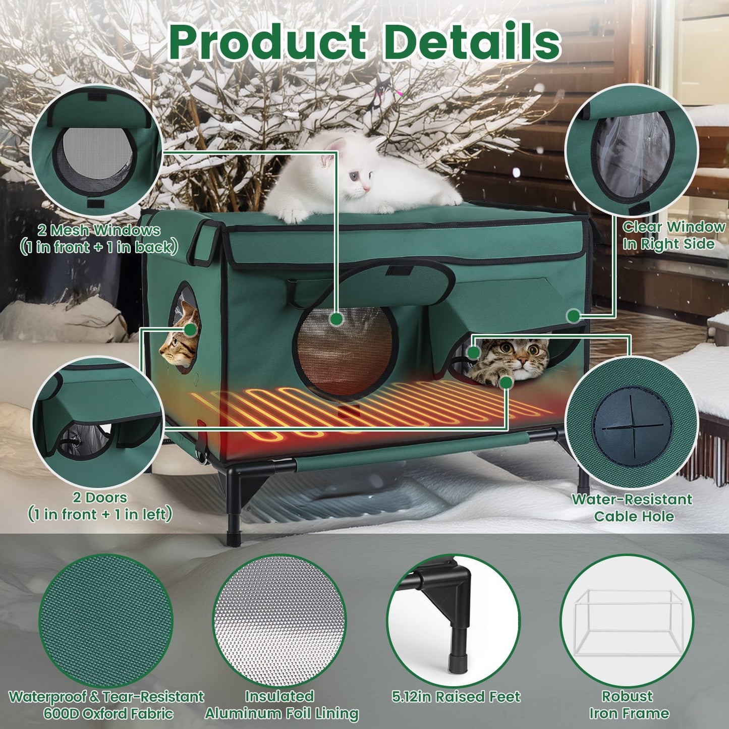 1Pc Waterproof Heated Cat House Outdoor Weatherproof Insulated Kitty Shelter Feral Cat Heating Bed With Heating Pad Anti-Chew Cord 2 Doors 3 Windows For Indoors Outdoors Winter Summer